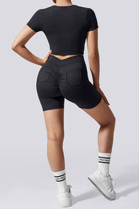 Short Sleeves V Waisted Butt Lifting 2Pcs Short Set