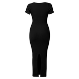 Thread Short Sleeves Slit Dress