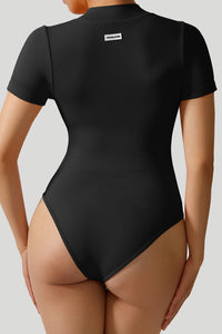 Ribbed Stretch Short Sleeves Zip Front Bodysuit