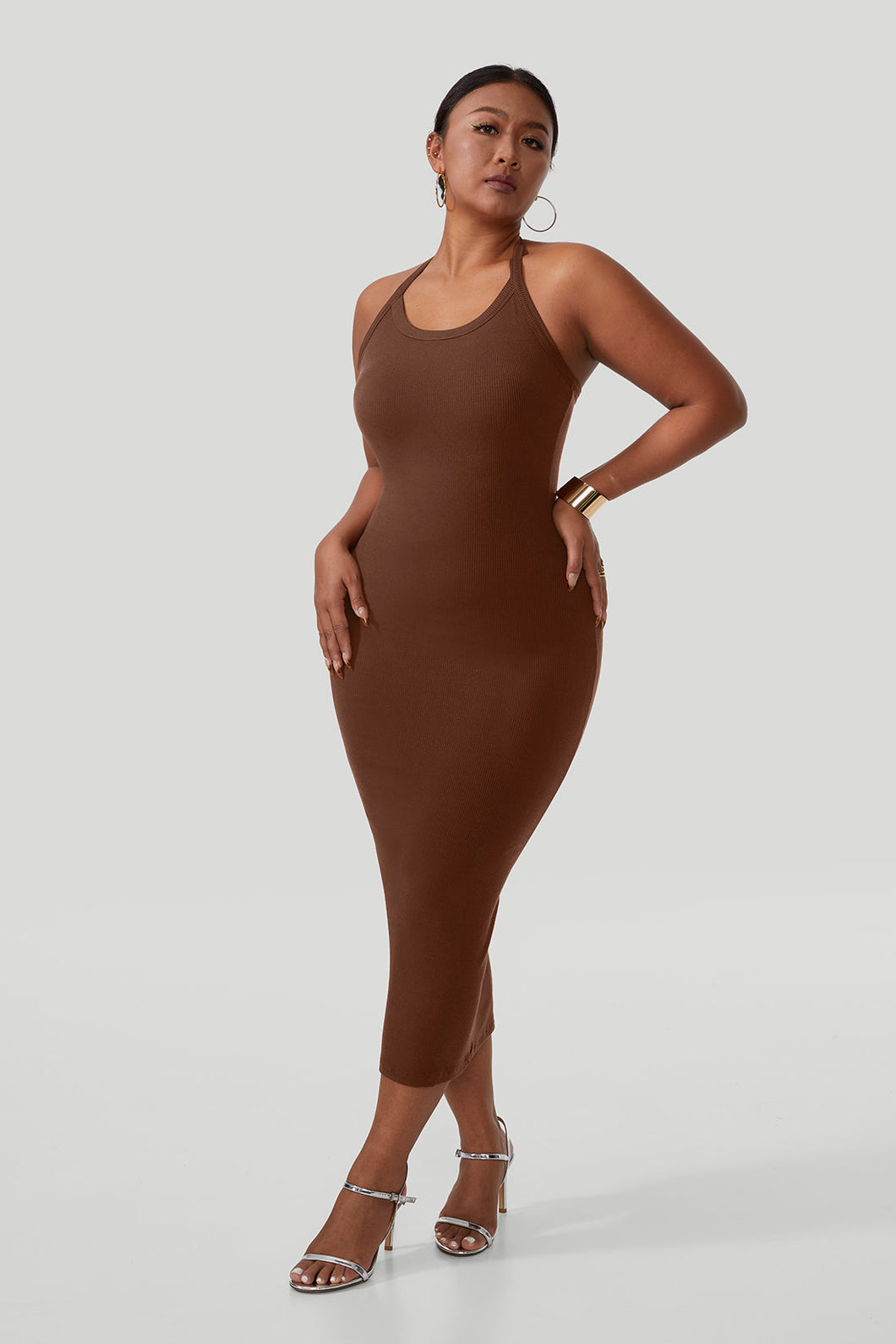 Backless Draped Neck Straps Dress With Built-in Shapewear