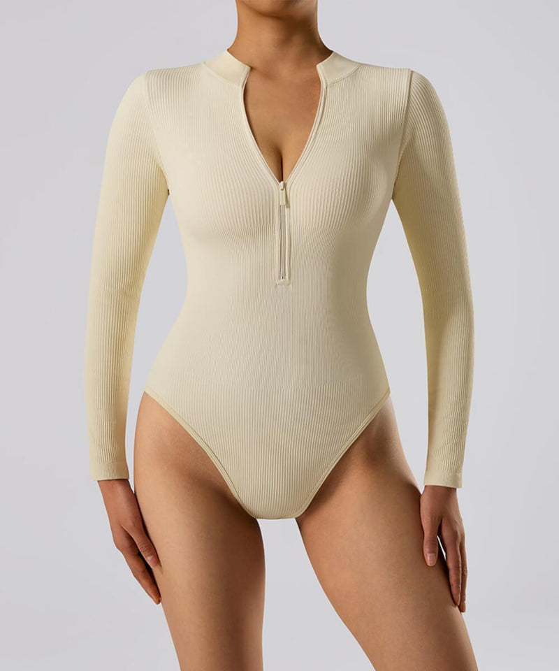 Ribbed Zipper Long Sleeves Bodysuit