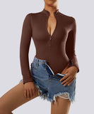 Ribbed Zipper Long Sleeves Bodysuit