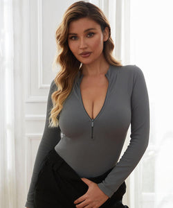 Ribbed Zipper Long Sleeves Bodysuit