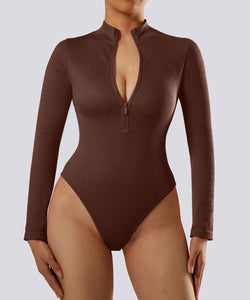 Ribbed Zipper Long Sleeves Bodysuit