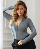 Ribbed Zipper Long Sleeves Bodysuit