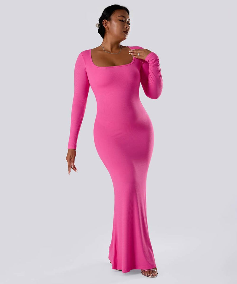 Solid Long Sleeve Dress With Built in Shapewear